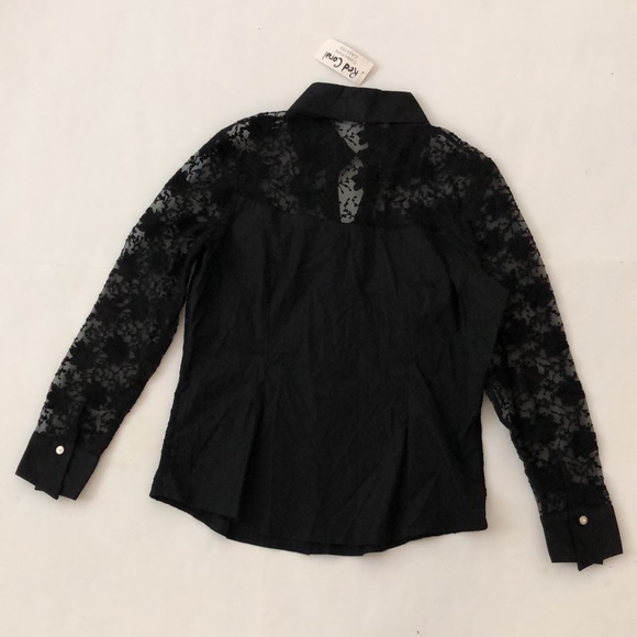 Black Shirt L Lace Long Sleeve & back Fitted Silver Rhinestone Buttons Excellent - Picture 7 of 12
